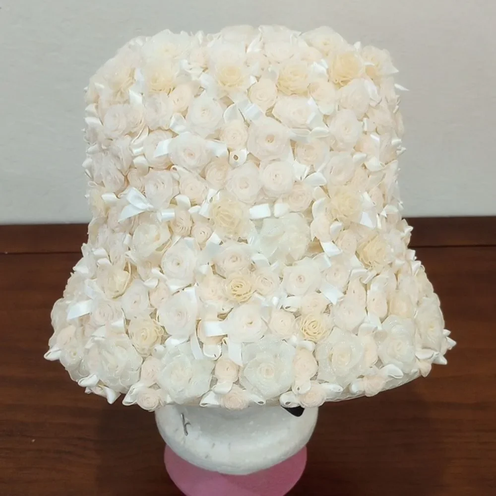 Kokin New York Pale Peach Rose Ribbon & Bow Bucket Kentucky Derby Hat - Vintage!
